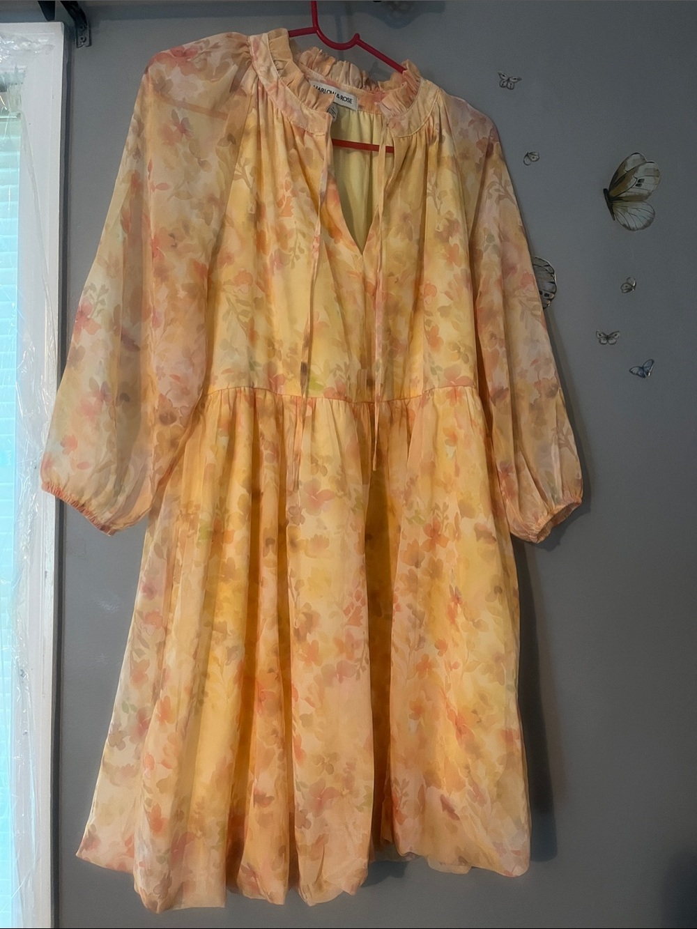 Yellow Floral Tie-Neck women Dress